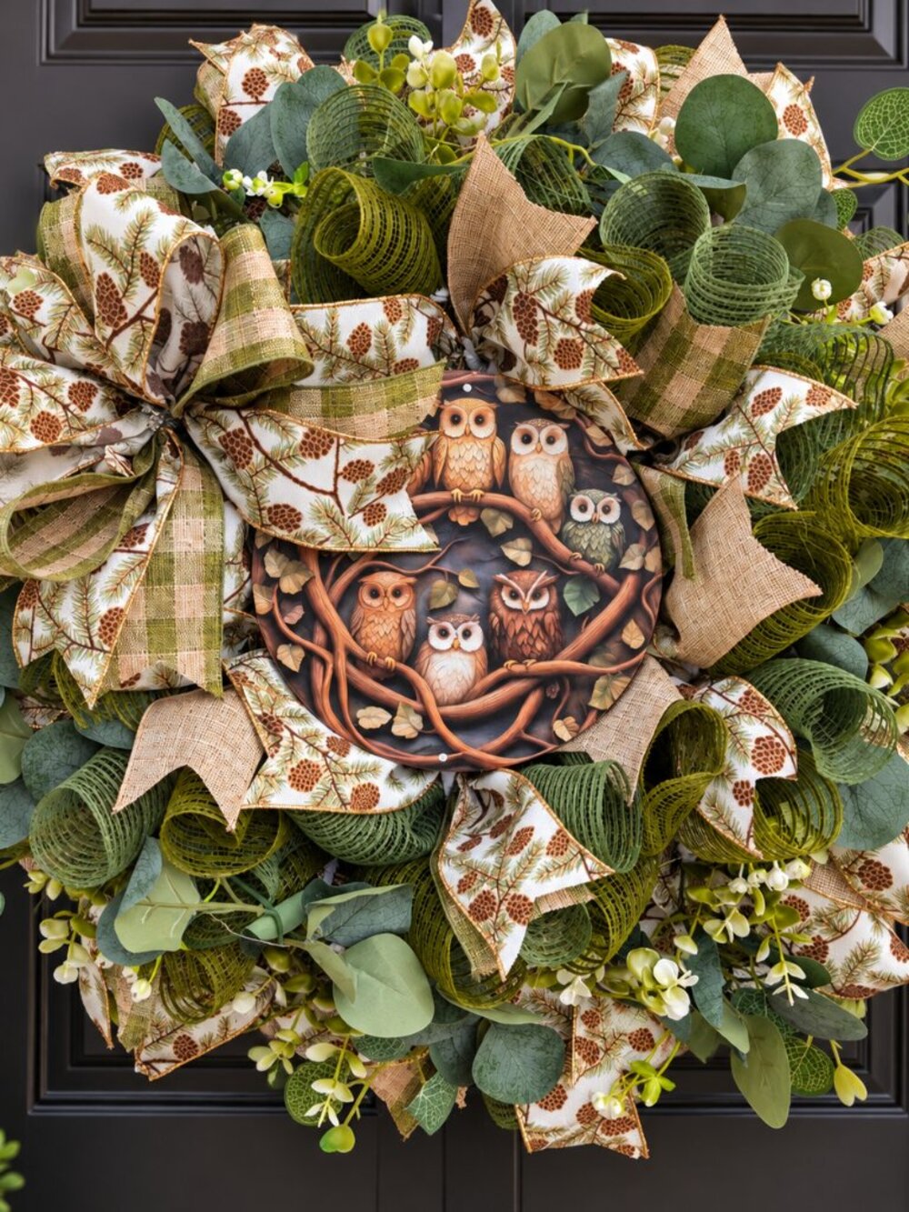 Woodland Owl Wreath 26" Handmade Rustic Front Door Nature Decor